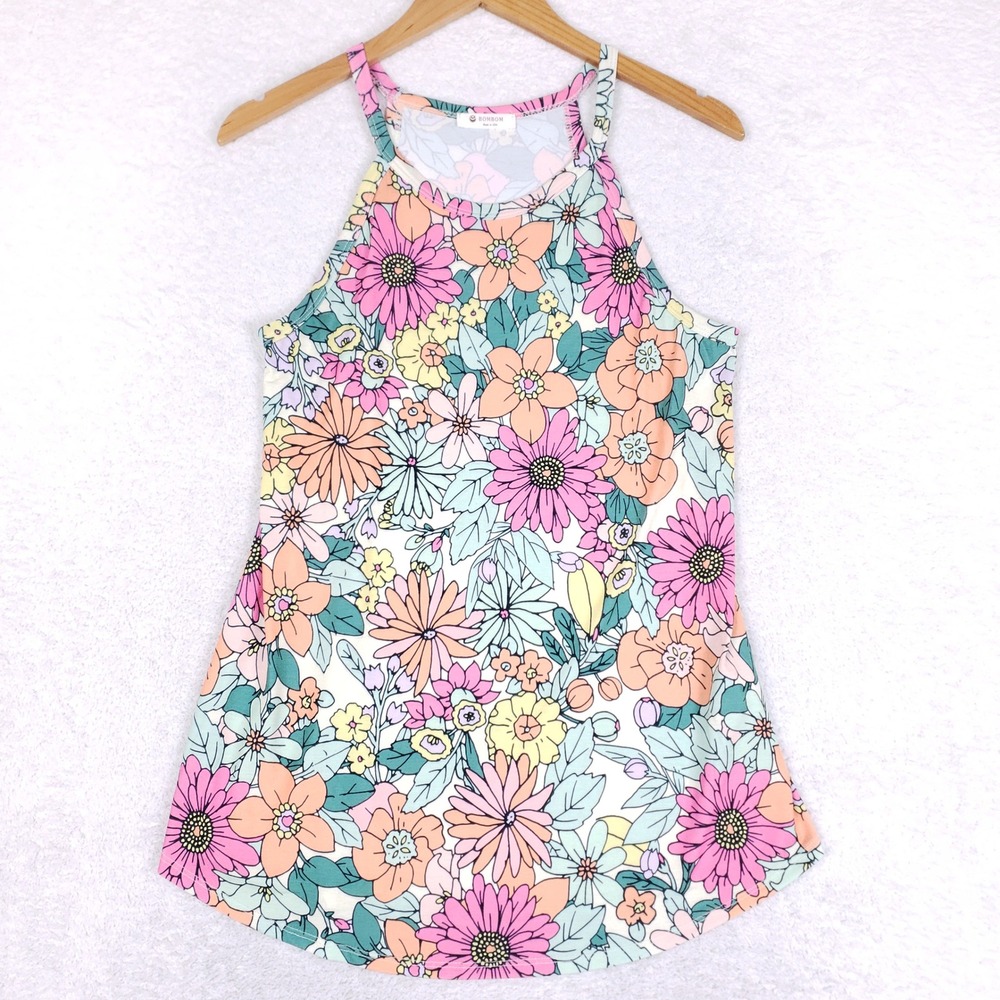 BOMBOM Floral Halter Tank Top Womens Medium Retro Groovy Sleeveless Summer Shirt